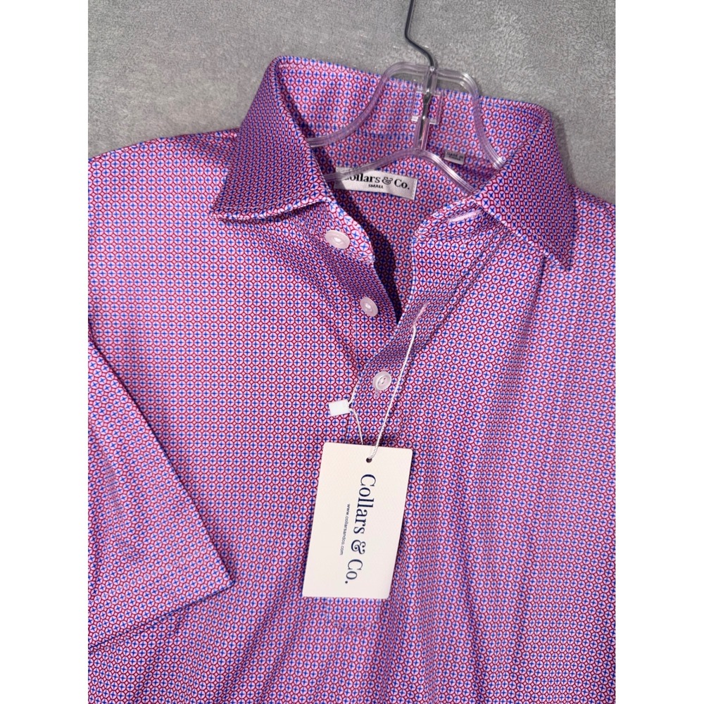 Collars & Co Mens Small Dress Collar Polo Shirt Pink Blue Geometric NWT